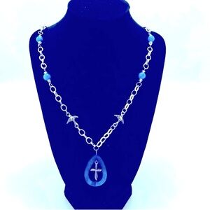 Silver & Blue Lapis Style Cross Necklace With Doves On The Chain